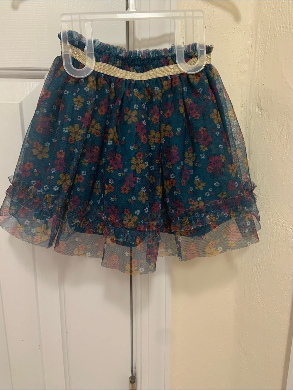 wonder nation Teal Floral Layered Tulle Skirt with Gold Waistband